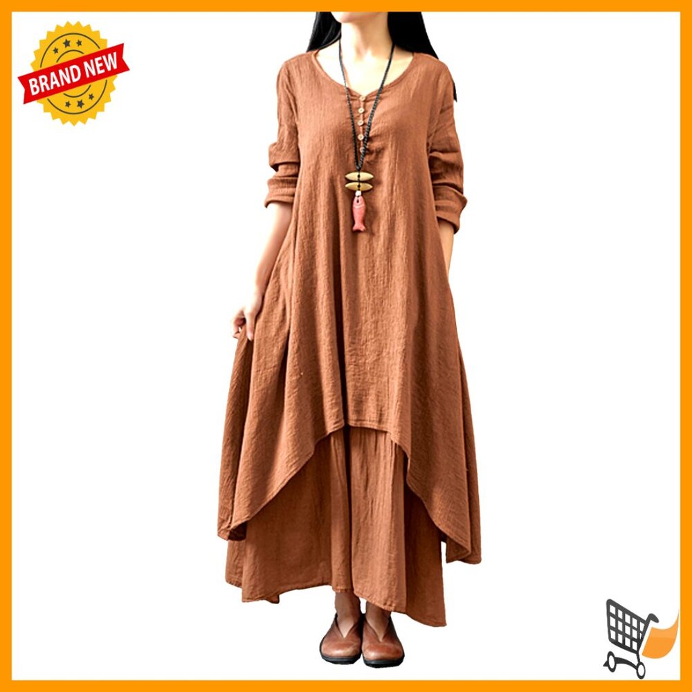 Long Sleeve V-Neck Rayon Casual Loose Fit Plus Size Irregular Hem Dress